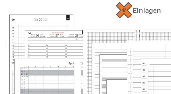 Die Einlagen von X17 für Ihren Zeitplaner oder Notizbuch: Kalender, Monatskalender, Wochenkalender, Notizen, Sonderhefte ... Das Angebot ist so vielfältig!
