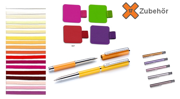 X17 bietet als unverzichtbare Begleiter der Notizbücher zahlreiche bunten Zubehören: Buchbänder, Stift-Schlaufen, Schreibgeräte